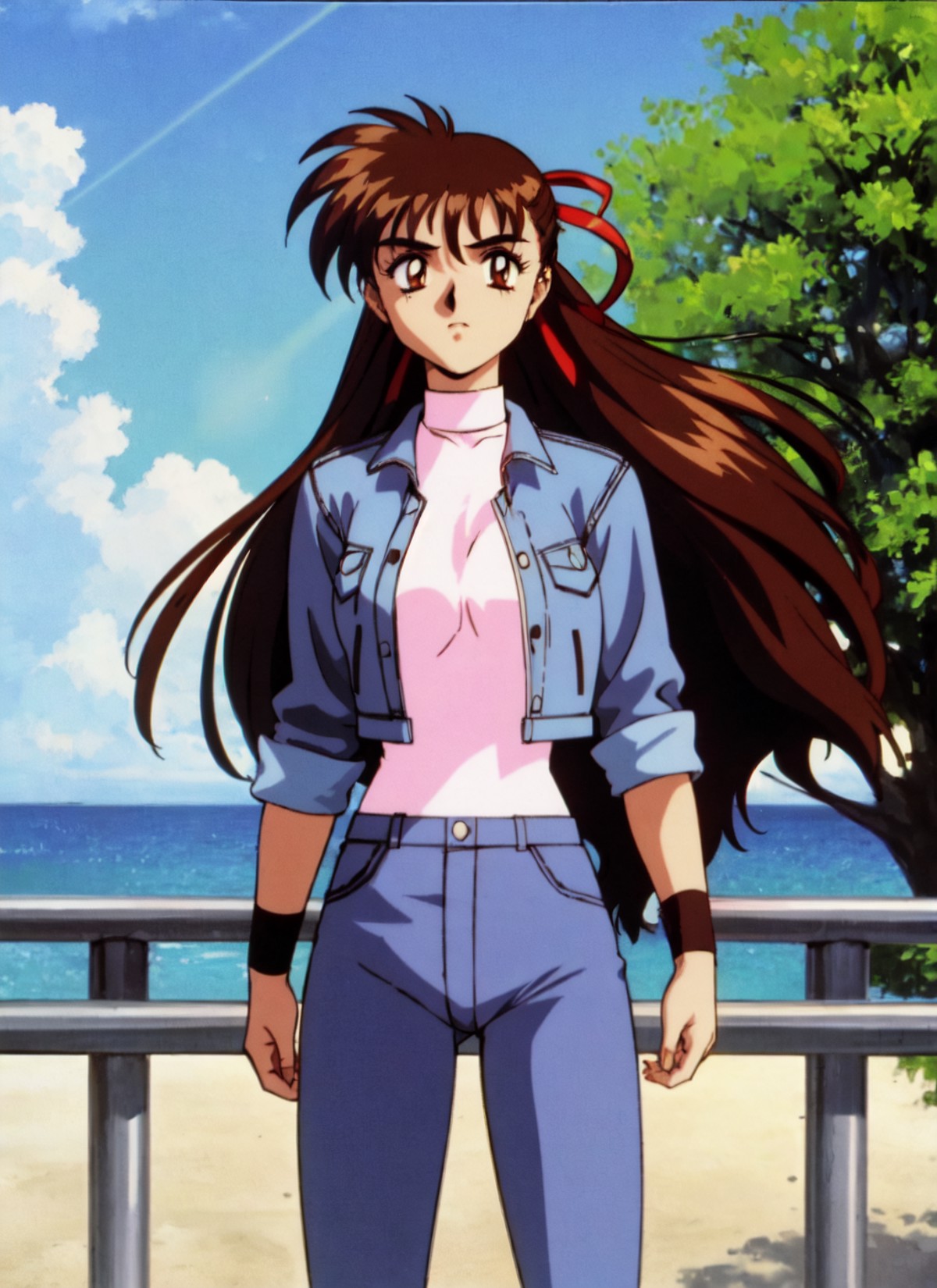 takeuyuka, 1girl, solo, hair bow, denim jacket, turtleneck, wristband, jeans, pants, railing, standing, open clothes, 1990...